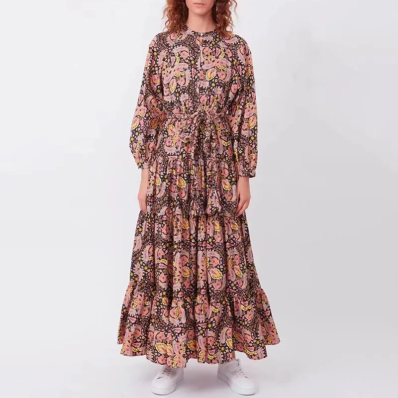 Ropa Para Dama 2022 Summer New French Retro Print Dress Long Skirt Puff Sleeve Long Sleeve High Waist Strappy Dress
