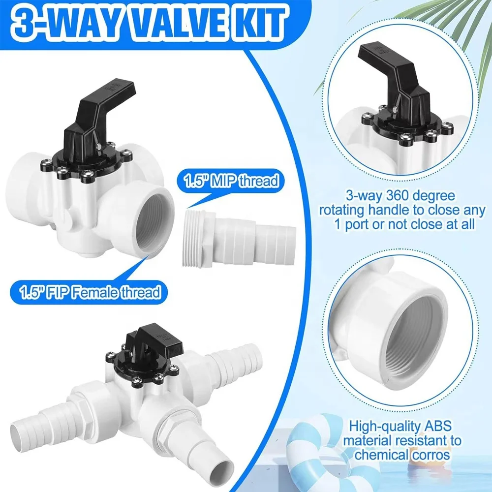 Swimming Pool 3 Way  Diverter Valve Kit 1.25 inch or 1.5inch Female Universal COmbination Hose Combo Adapter Parts