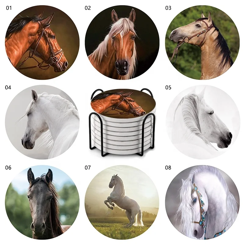 Horse Round Ceramic Coaster With Cork Absorbent For Drink Pony Animal Custom Sublimation Coasters Set Holder Blank for Print