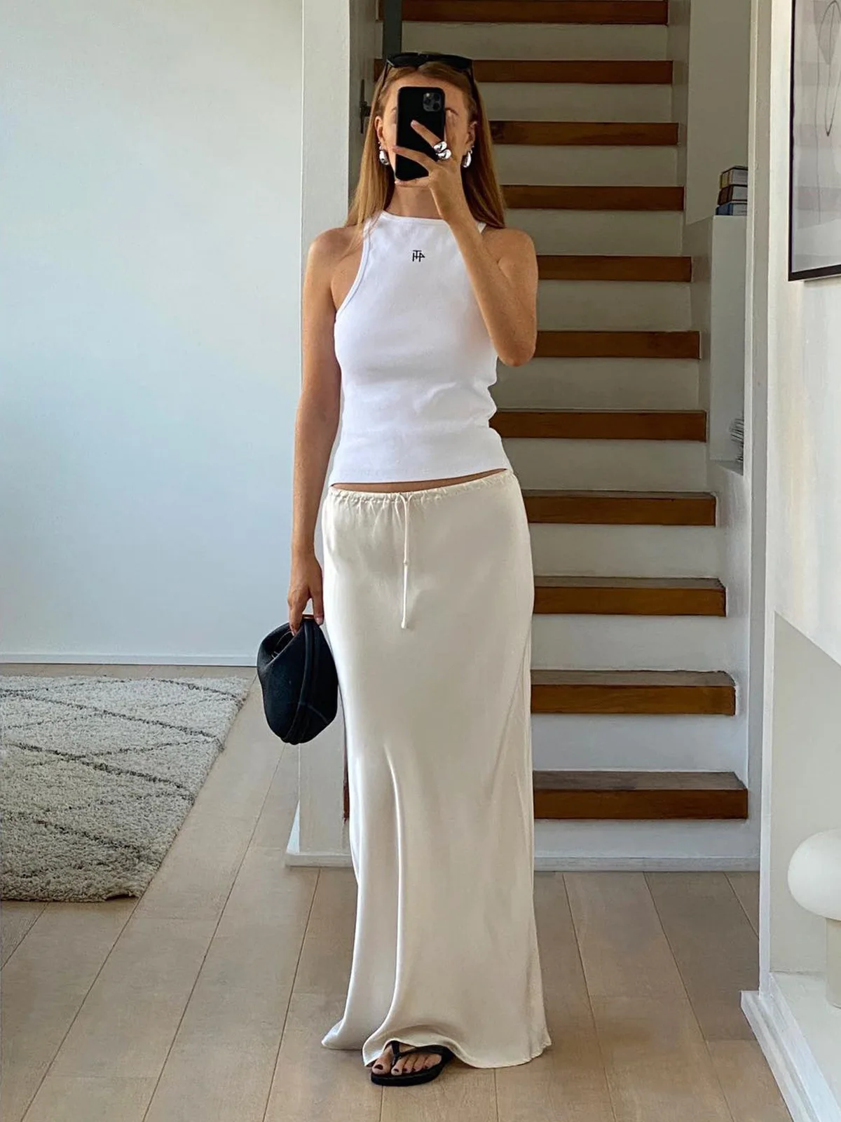 Womens Satin Silk Maxi Skirts Drawstring Flared Casual A-Line Long Skirt for Women