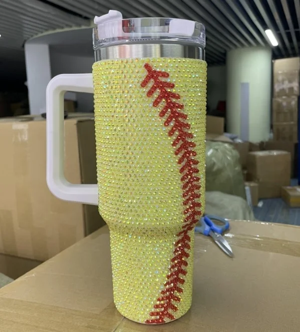 40oz Diamonds Bling Basketball Tumbler With Handle And Straw Stainless Steel Travel 40oz Football Baseball Rhinestone Tumbler
