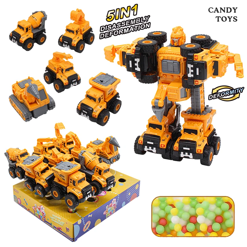 Cheap Candy Toys Funny 5 in 1 Assembled Engineering Vehicle Robot game Kids Hard Candy With Jelly Bean Small order acceptable