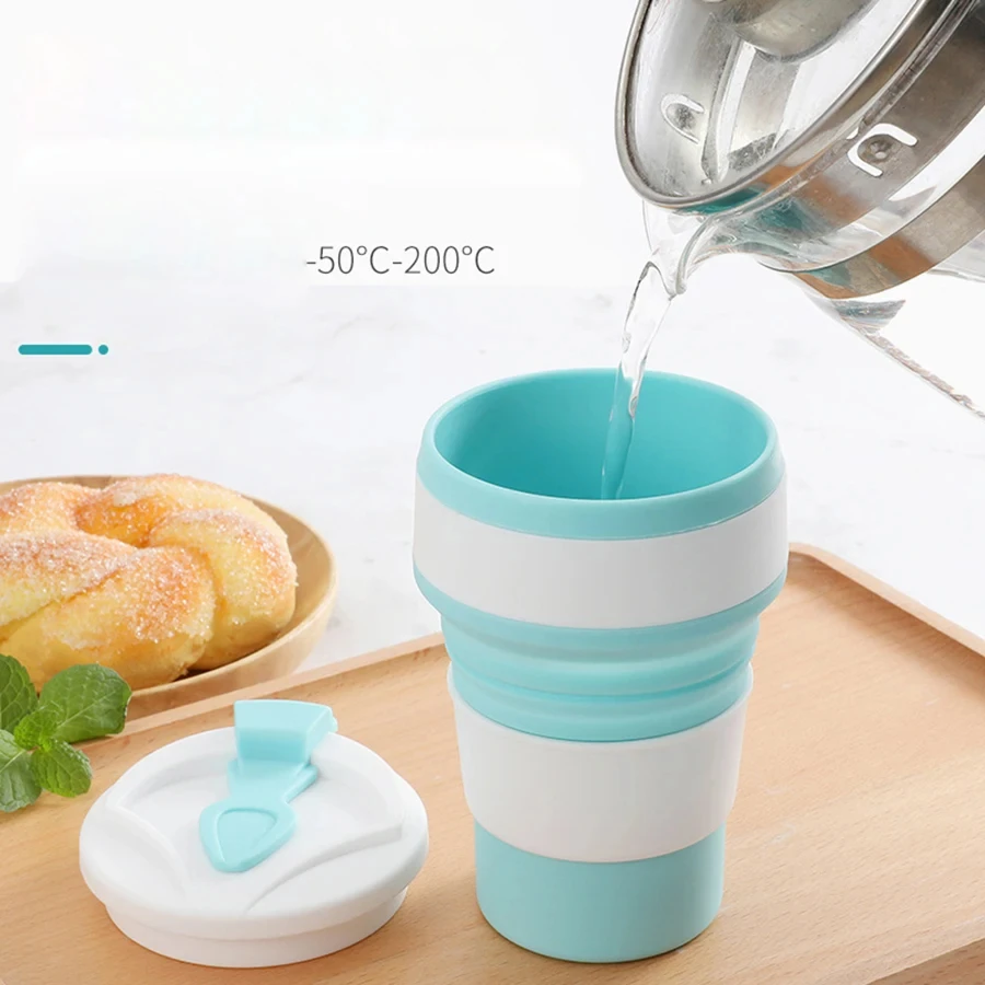 350ML Food-Grade Silicone Folding Cup With Lid, Reusable Portable Coffee Cup, Hot Drink ,Suitable For Travel And Camping