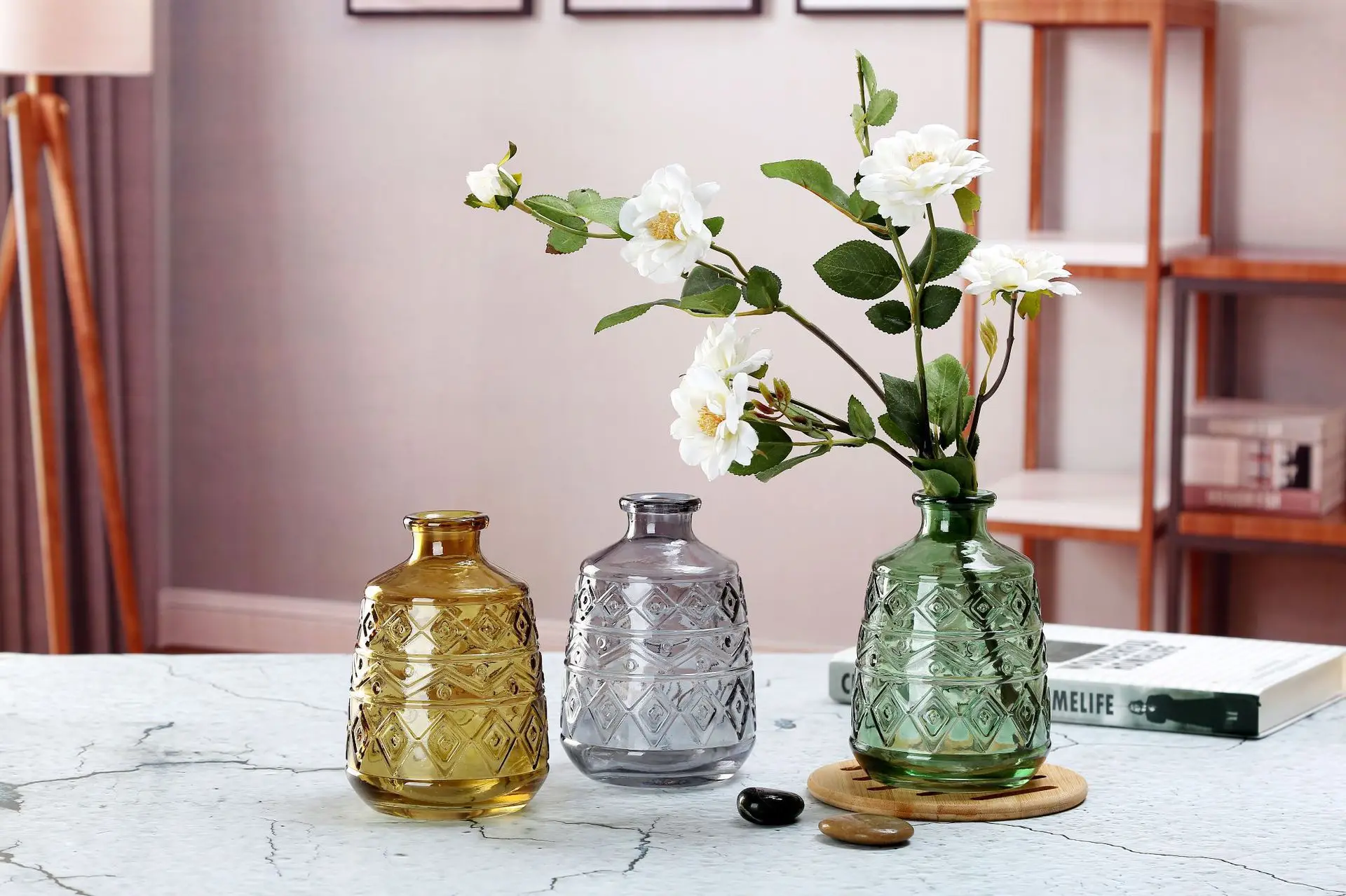 creative Green embossed small vase for hydroponic  bud vase decoration