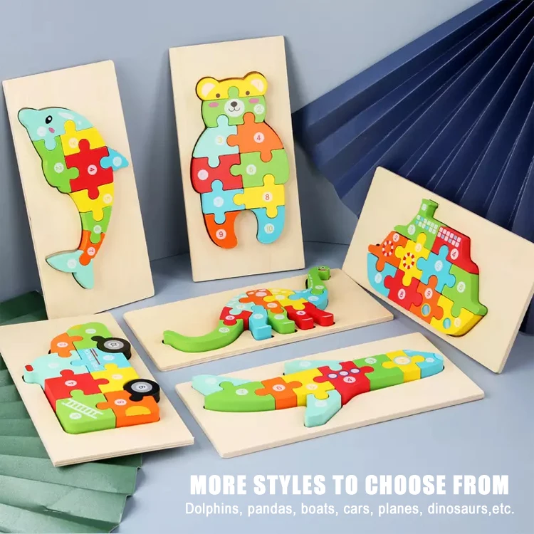 Cartoon Jigsaw Game Creative Animals Wooden Baby 3D Puzzle Math Play Education Sensory Montessori Wooden Puzzles Toys