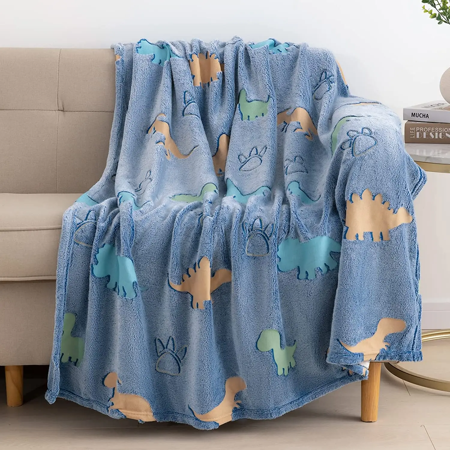 Dinosaur Blanket for Boys Girls, Super Soft Glow in The Dark Throw Blanket for Couch, Cozy Flannel Blue Kids Throw Blanket Cute