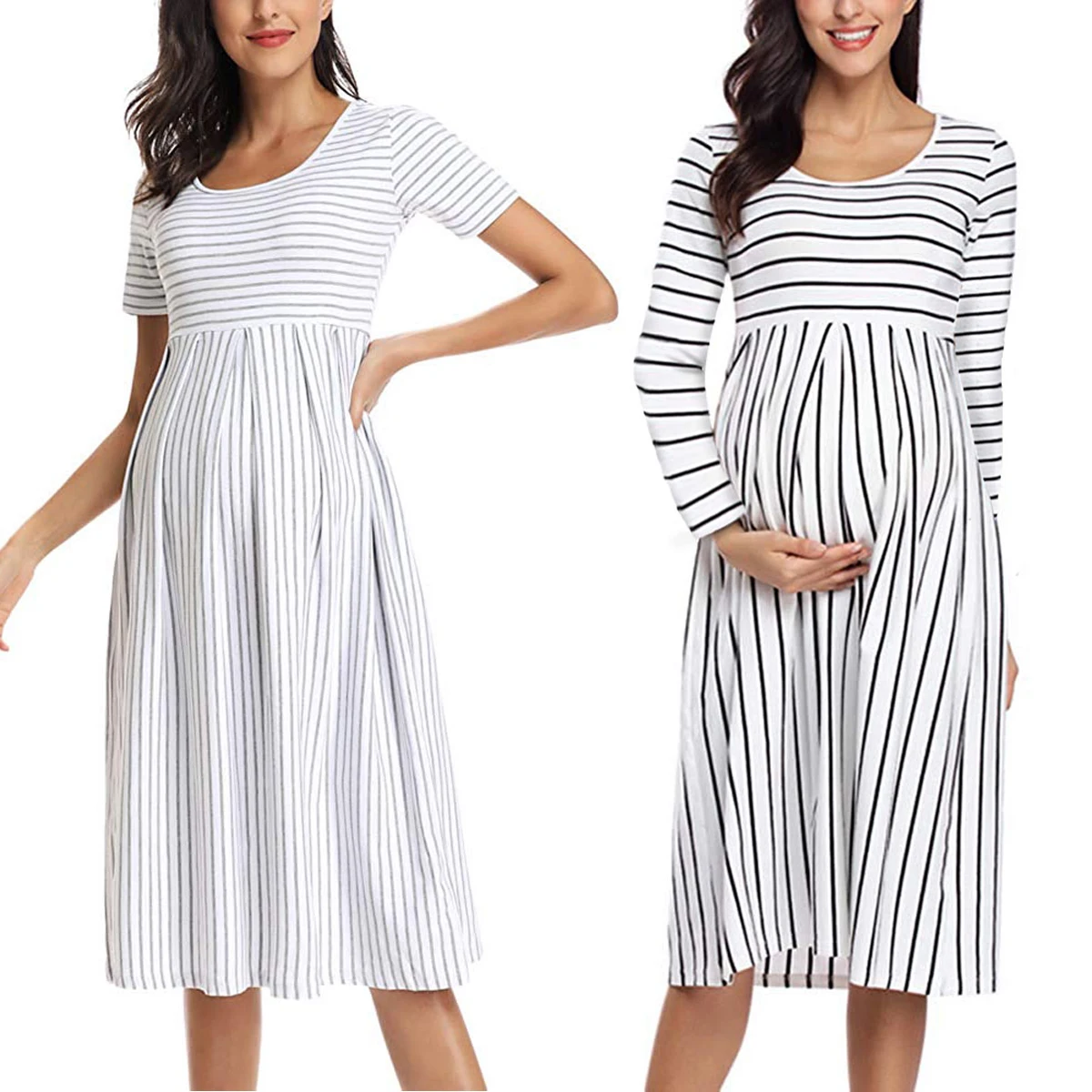 2021 Summer Maternity Clothing Simple Style O-Neck High Waist Stripe Printed Maternity Dress