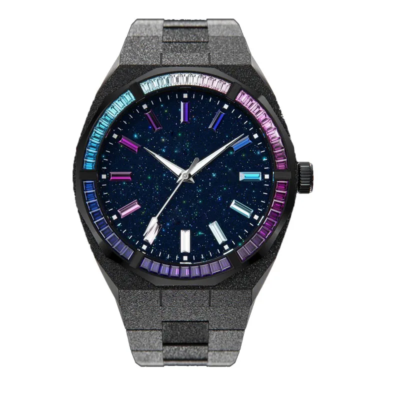 Custom logo Limited 5ATM Waterproof Black Hand-Set Crystal Bezel Frosted Star Dust Men Quartz Watch