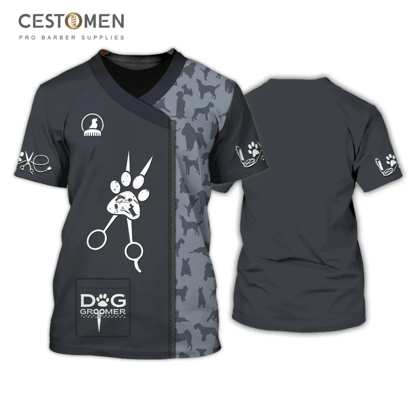 CESTOMEN 3D Print Custom Logo Pattern Pet Groomer Uniform Smock T Shirt Oversized Short Sleeve Dog Grooming Uniform For Pet Shop