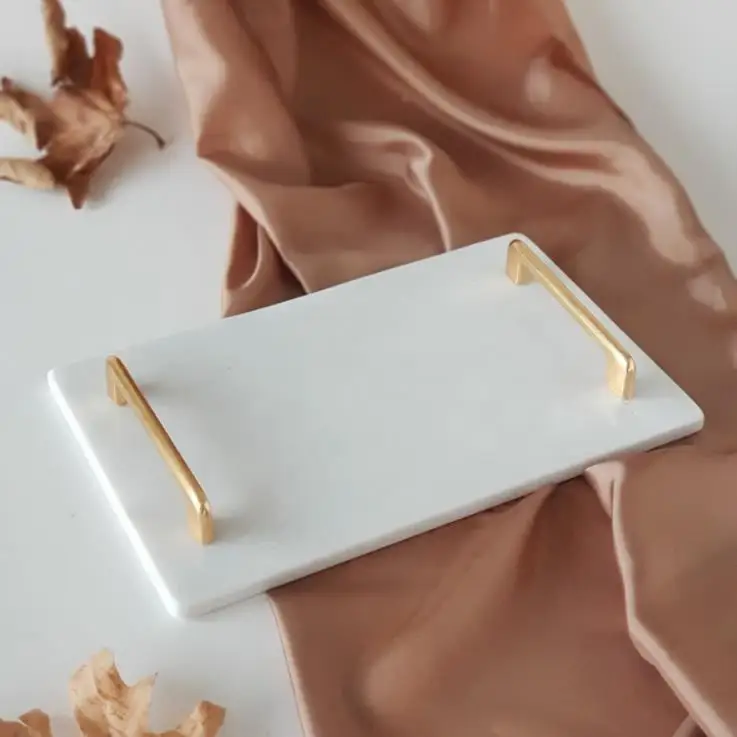 Handmade White marble serving plate with gold plated metal handle wedding gift decor tray