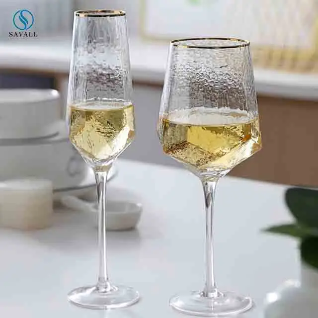 Savall HoReCa Goblet Wine Glass Lead-free Diamond Shape Glitter Crystal Cut Wedding Wine Glasses with Gold Rim