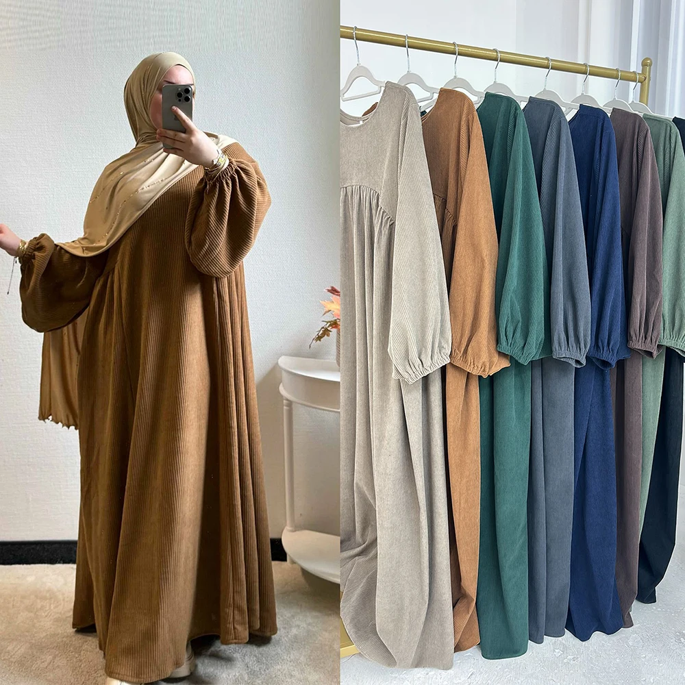 Latest Islamic Muslim Women Autumn Winter Abaya Dress Turkey Dubai Modest Corduroy Loose Casual Dresses Abaya Women Muslim Dress