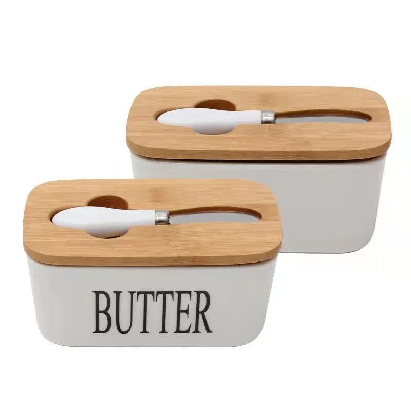 96-9  Holder Large Butter Dish Butter  Porcelain Container Keeper Storage Wooden Lid And Steel Knife Cheese Dish