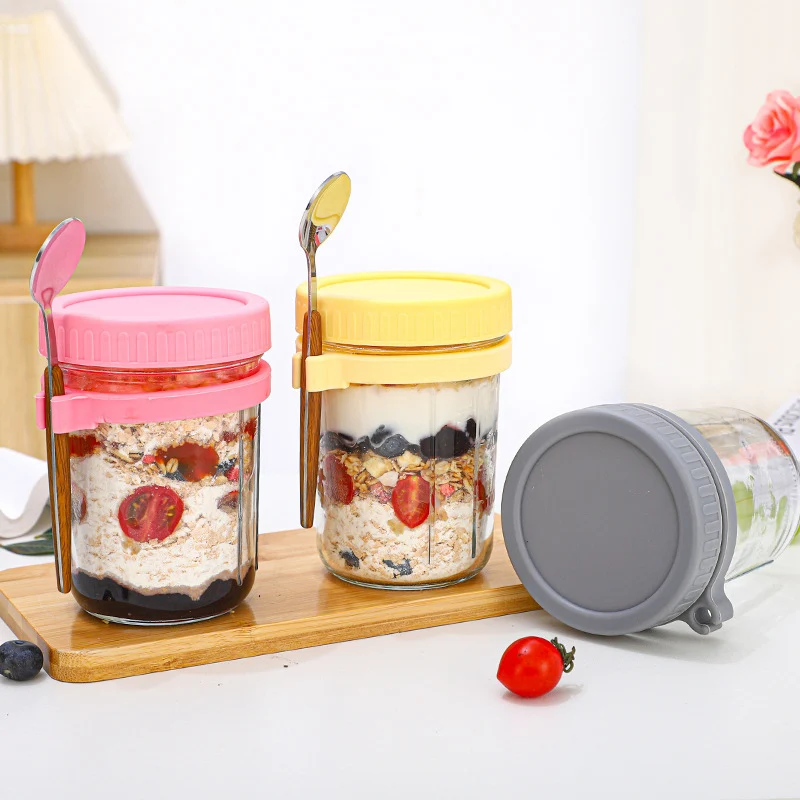 Recyclable  Overnight Oats Jars With Lid And Spoon 350ml Oatmeal Container With Measurement Marks With Lid For Cereal Milk