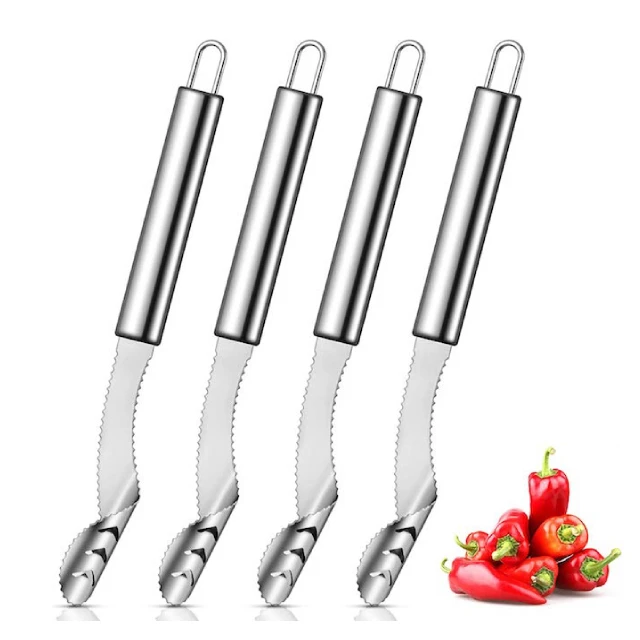 Kitchen Pepper Corer with Serrated for Chili Cucumber Vegetables Seed Remover Tool Stainless Steel Chili Corer
