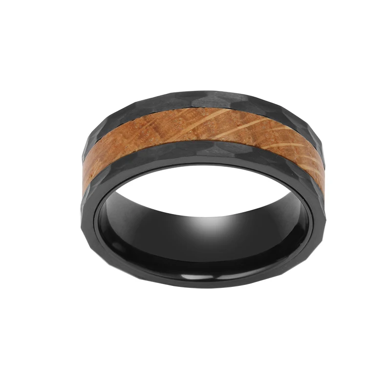 8mm brushed hammered with whiskey barrel wood titanium ring for men zirconium ring black ring jewelry