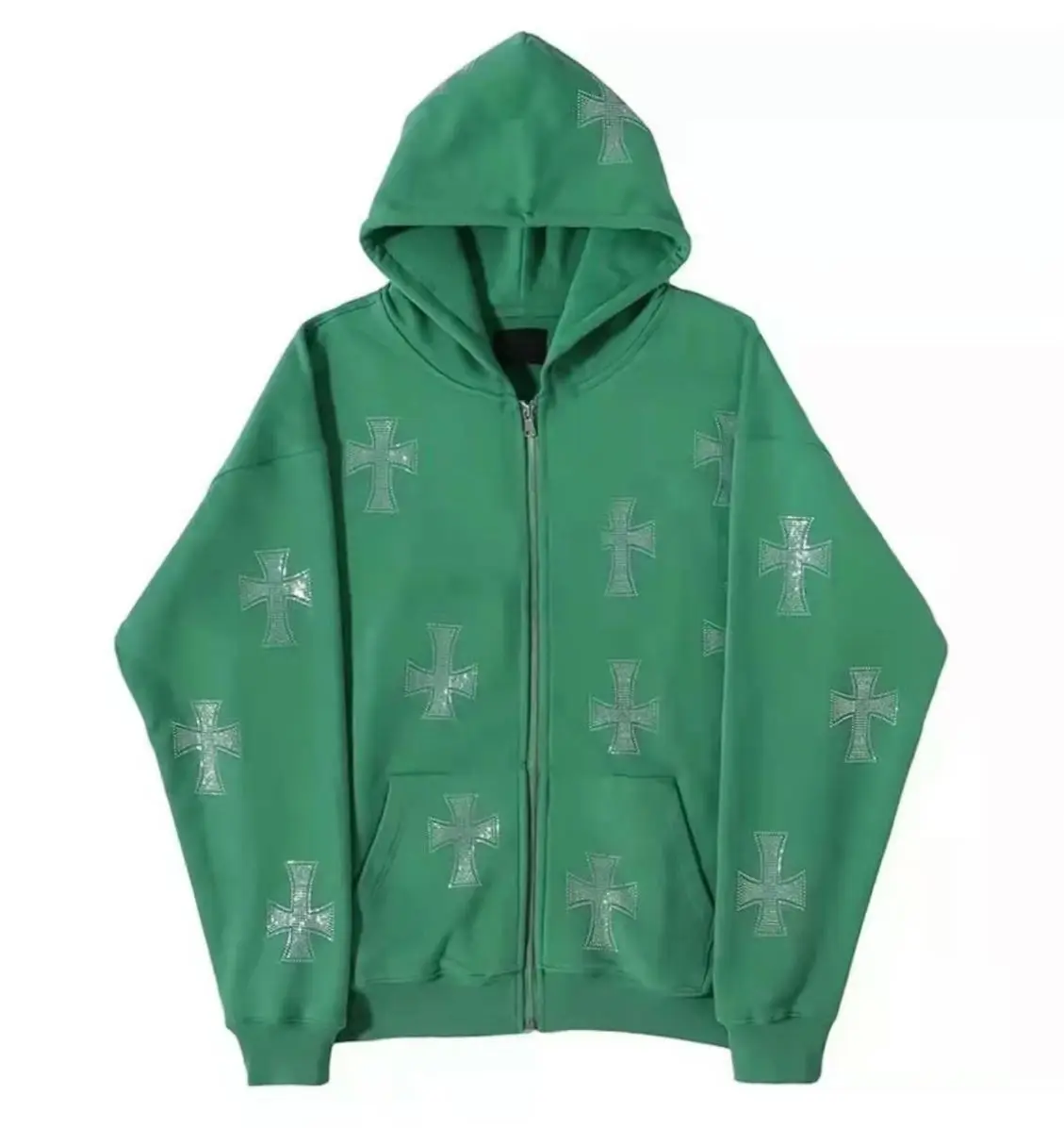 high quality 100% cotton men supplier custom shining zip up cross bling rhinestone studded hoodie with logo