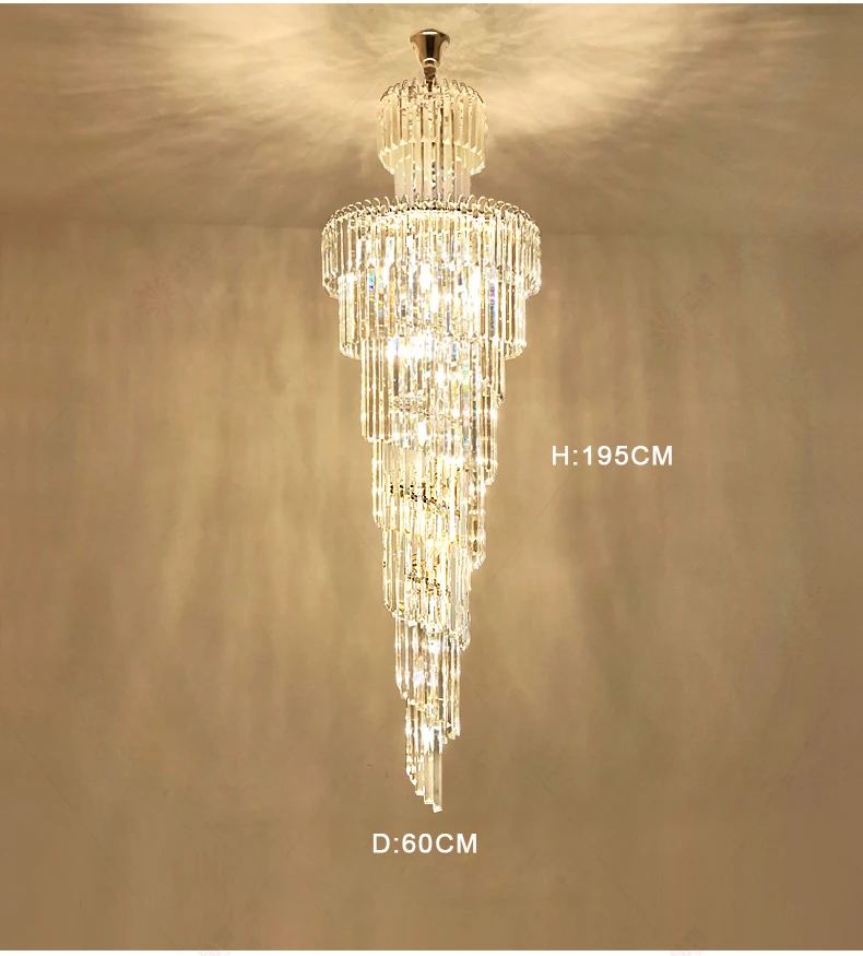 Classic gold modern hang lamp large luxury chandelier hotel villa big crystal light long spiral staircase chandelier