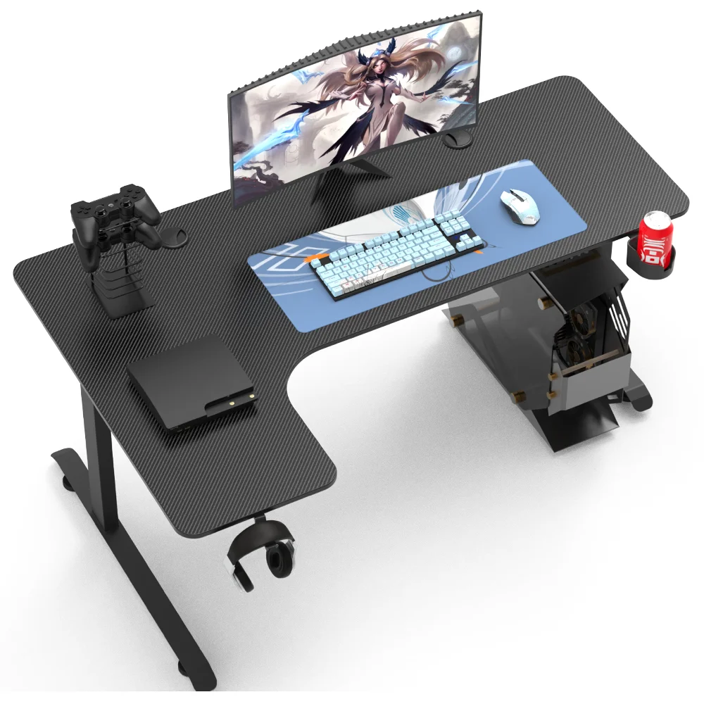L Shaped White Color Surface Carbon Fiber Board Metal Feet Gaming Desk Left Direction