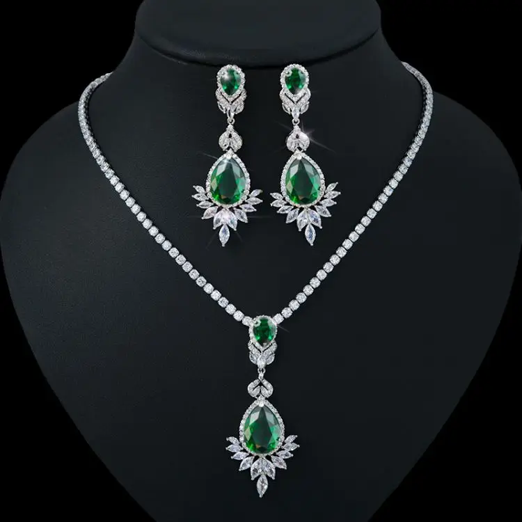 Bridal Silver 925 Jewelry Sets Zircon Pendant Necklace Drop Earrings Set Indian Wedding for Women High Quality Blue Green Brass