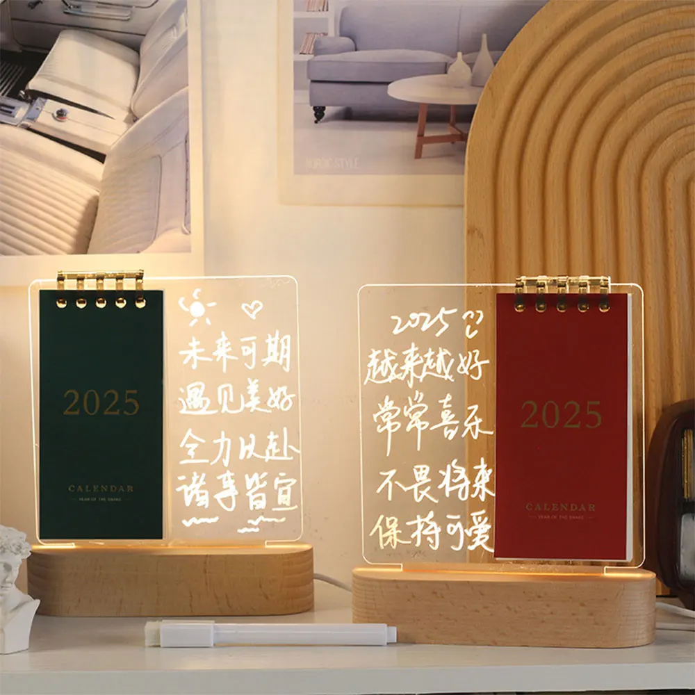2025 Acrylic Night Light Desk Calendar Creative Wooden Acrylic Desktop Calendar With Erasable Message Board