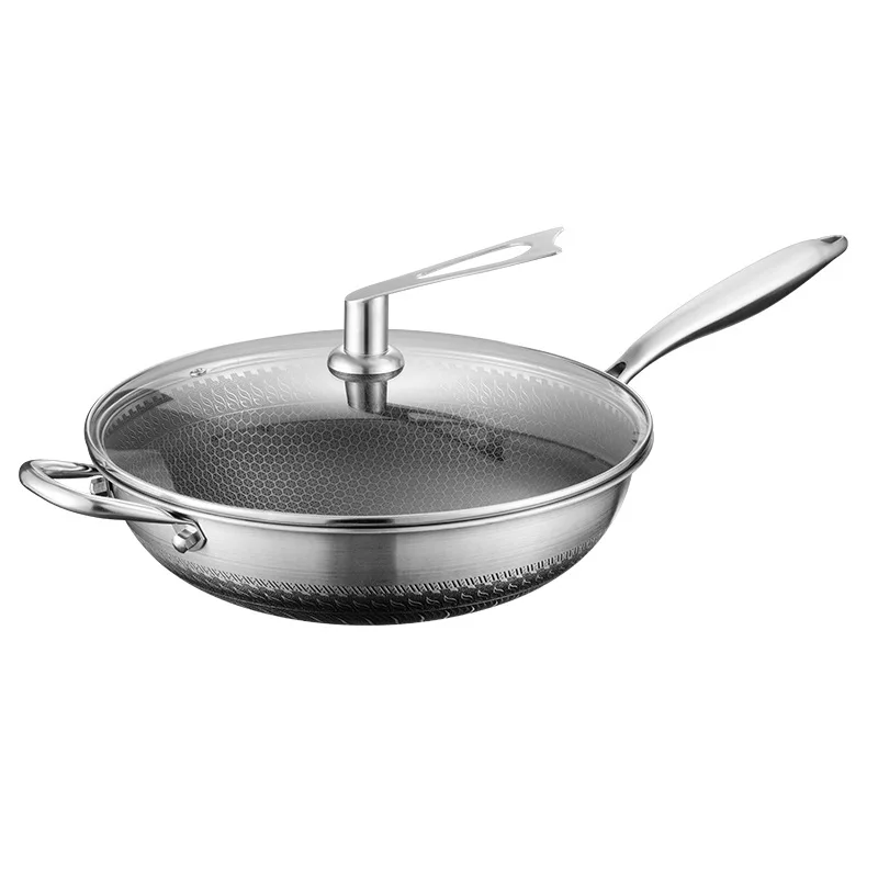 Hot Selling Double-sided honeycomb 316 Stainless Steel Frying Pan triple-layer Steel Uncoated Non-stick wok