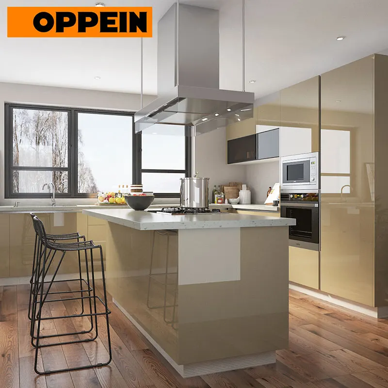 OPPEIN Modern Open Plan High Gloss Beige Kitchen Cabinets with Undermount Sink