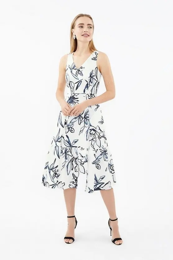 Weixin High Quality Print Nipped-In Waist Flared Skirt V Neck Twill Dirndl Hem Sleeveless Elegant Dress Women Clothing