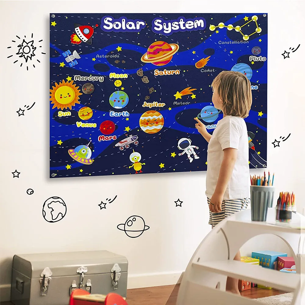 40Pcs Solar System Planets Toys kids Interactive Storytelling Play Kit Wall Hanging felt outer space Board Story Set