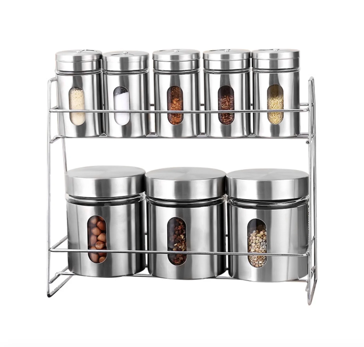 8 set Stainless steel cover glass spices jar Rack food storage glass jar kitchen spice rack