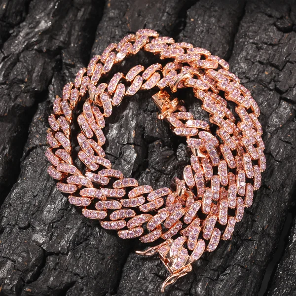 
Fashion 9mm Pink Cubic Cuban Link Chain Rose Gold Plated CZ Women Jewelry Necklace 