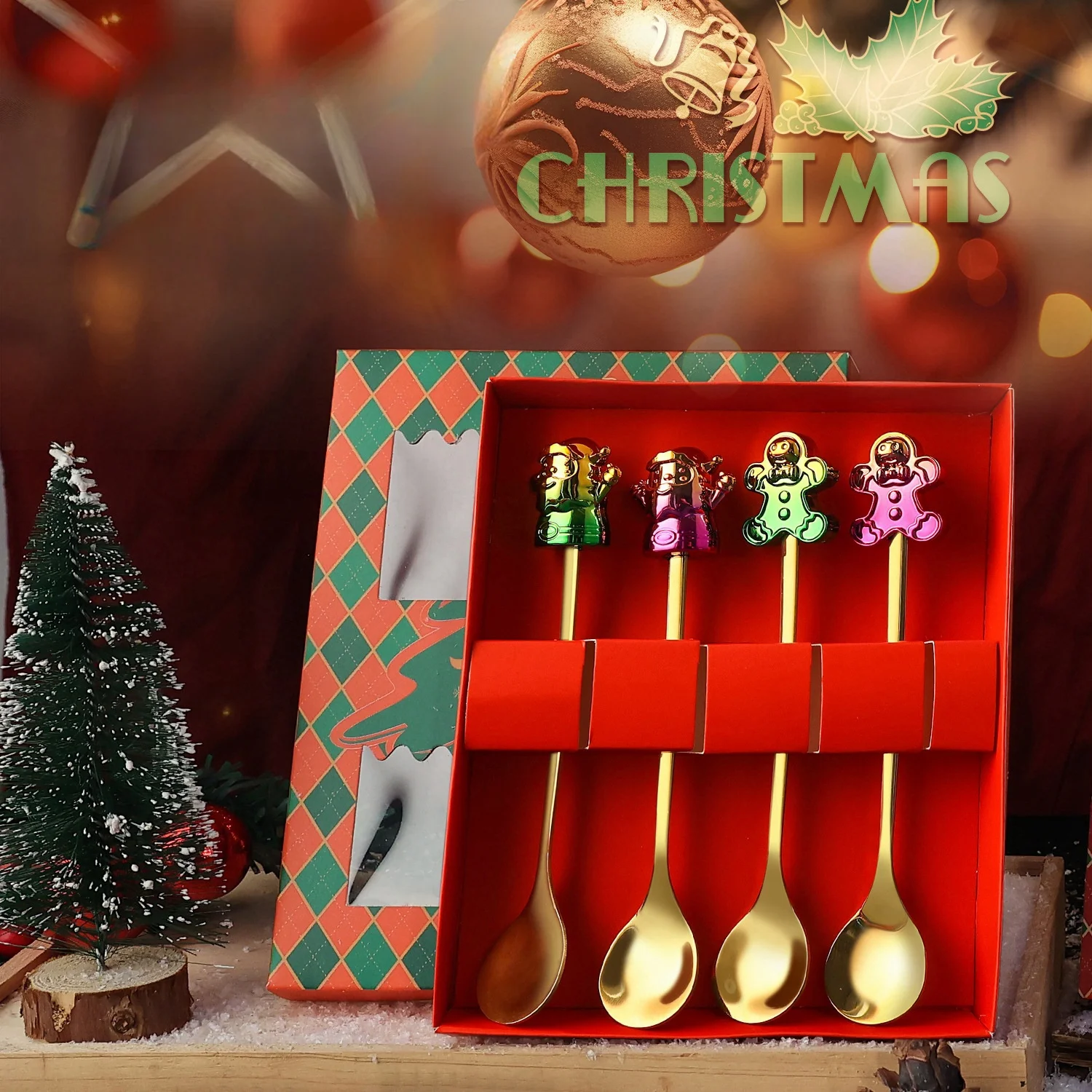 2024 Hot Sale Christmas Elements Dessert Beverage Spoon and Fork Cutlery Set Christmas Stainless Steel Flatware Cutlery Set