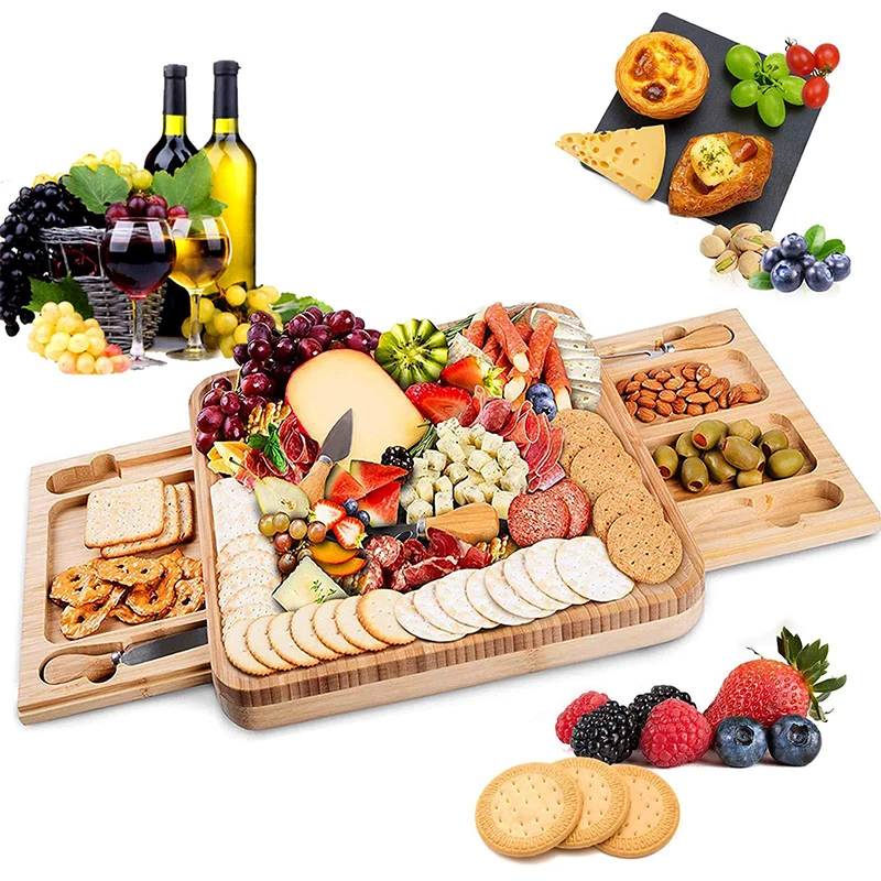 Selling Bamboo Cheese Board with Cheese Tools, Cheese Plate Charcuterie Platter with Utensils Set and 4 Stainless Steel Cutting