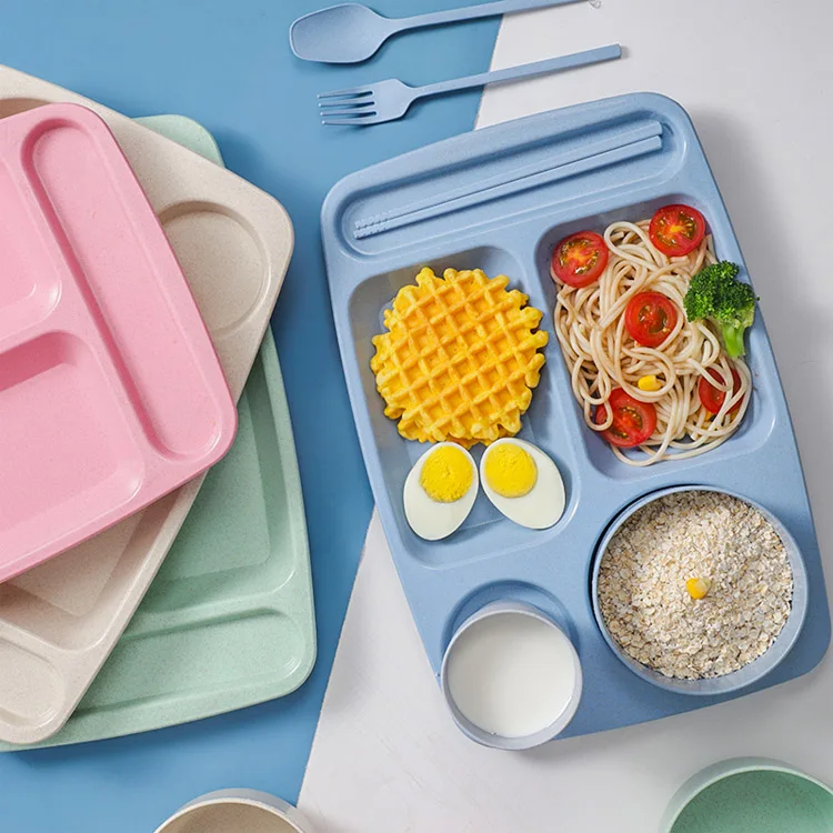 Lightweight Fiber Wheat Straw Plates Bowls Cutlery Set Dinnerware, Microwave and Dishwasher Safe Plastic Tableware Set for Kids