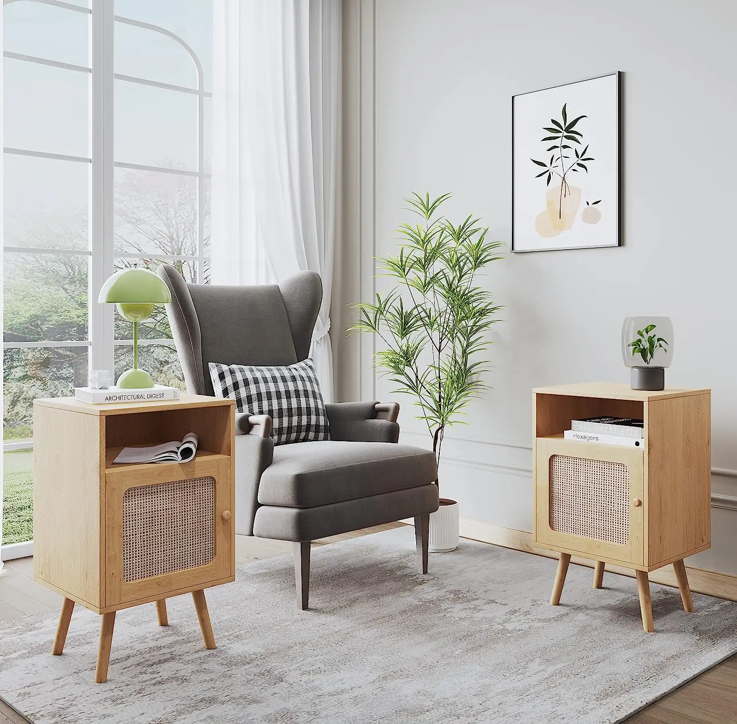 Mid Century Modern Rattan Nightstand with  Bedside Table with Drawers Natural Rattan Finish