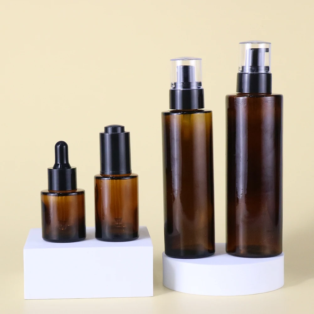 Amber 20 30ml 50ml 60ml 100ml 120ml toner flat shoulder cylinder glass dropper bottle for serum essential oil with black dropper