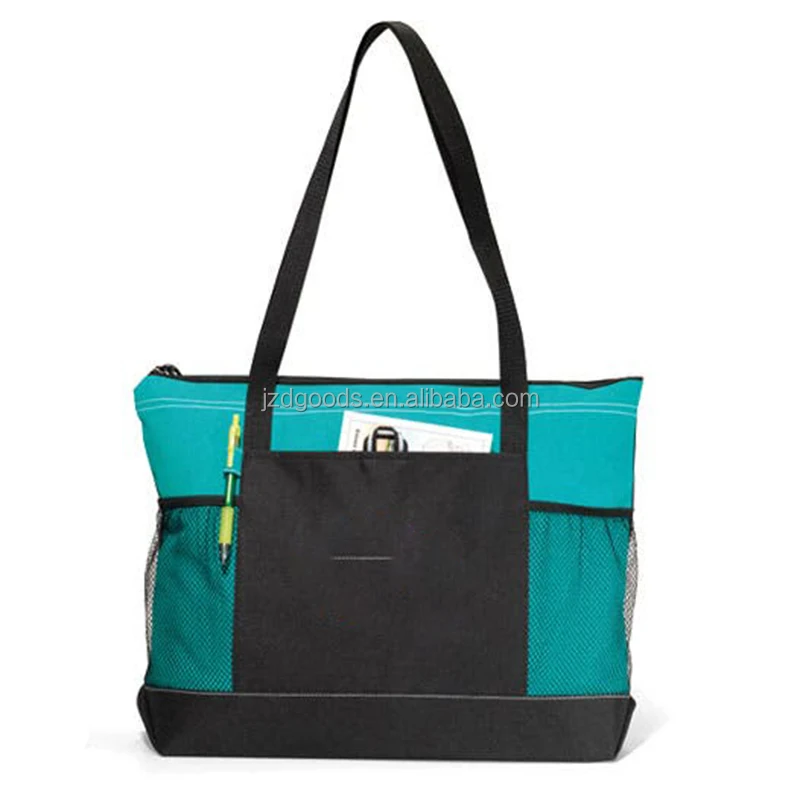 HOT Large Cheap Travel Exhibition Business Handle Carrier 600d Polyester Canvas Zippered Shopping Tote Bag With Mesh Pockets