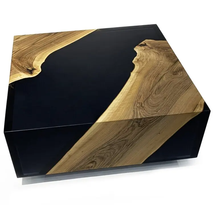 The solid wood coffee table with contemporary cube black wood grain is creatively placed in the living room and office