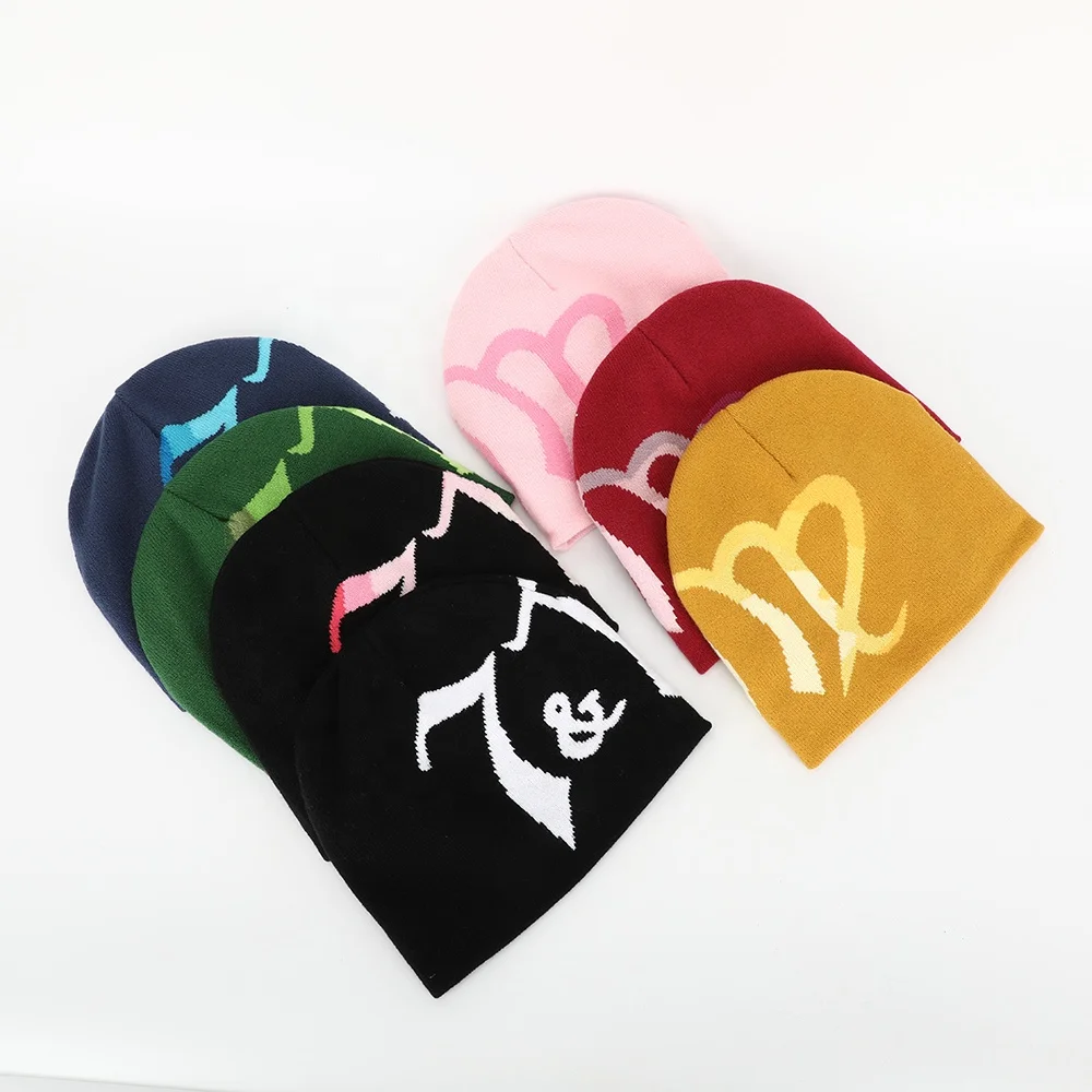 Wholesale Custom Logo Men Women All Over Printed Sports Beanie,Acrylic Skull Cap Cuffed Jacquard Slouchy Winter Hat