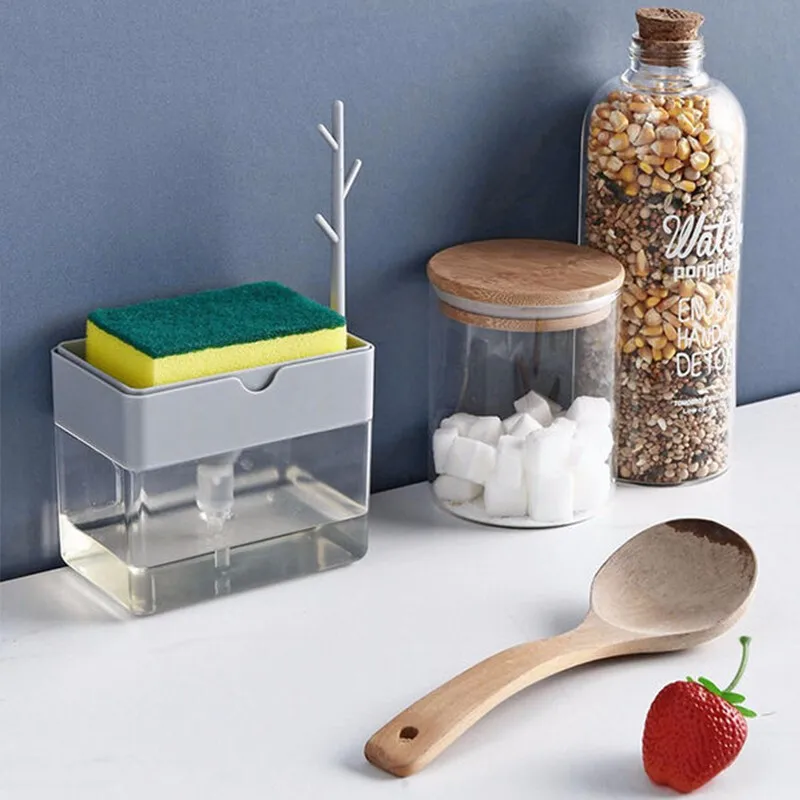 plastic home kitchen washing soap liquid storage box kitchen dish brush with soap dispenser