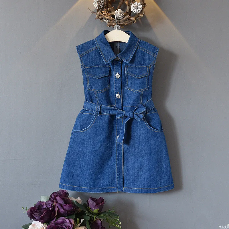 Hot sale children clothes dress new girl blue sleeveless lapel denim skirt girl baby lace-up vest dress