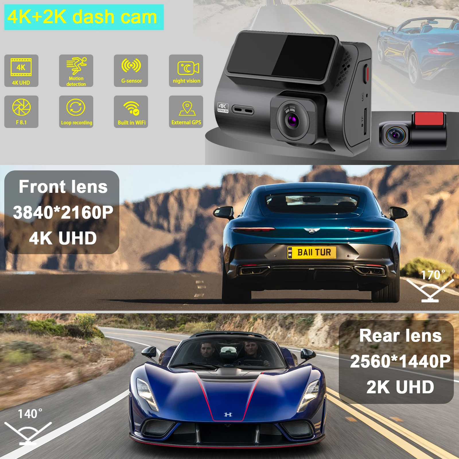 M700 2.0 4K+2K dash cam doble camara front and rear car dvr dual lens dash camera wifi gps 4k dashcam