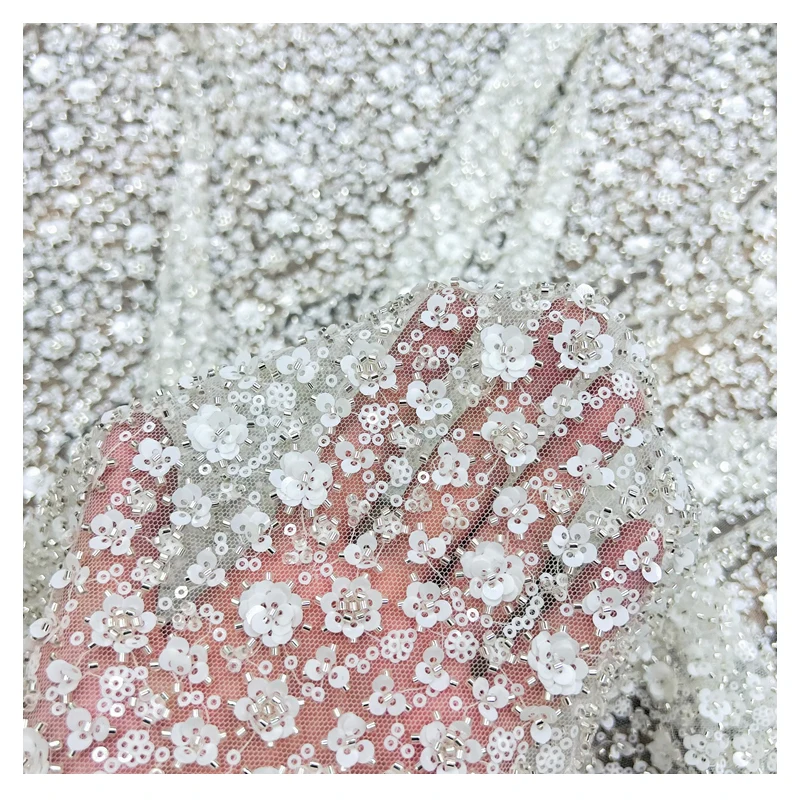 New 3D floral beads sequin fabric Swiss mesh wedding dress lace sequin fabric for bridal dress and veil