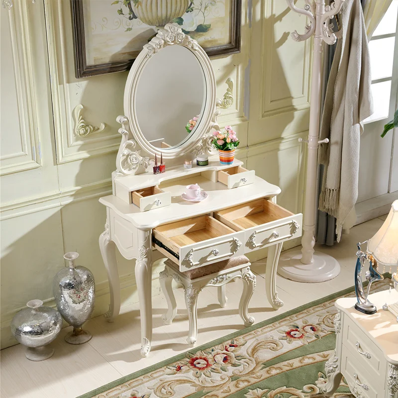 Bedroom Furniture Luxury Classic White Wooden Mirrored Dresser Makeup Vanity Dressing Table with Drawers
