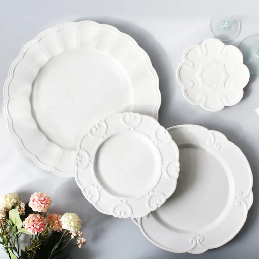 Jacotta emboss bone china dishes set white plates sets round porcelain dinner set ceramic plates