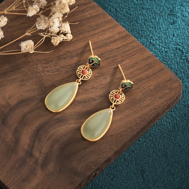 Chinese palace style copper gold-plated gemstone drop oil drop retro earrings