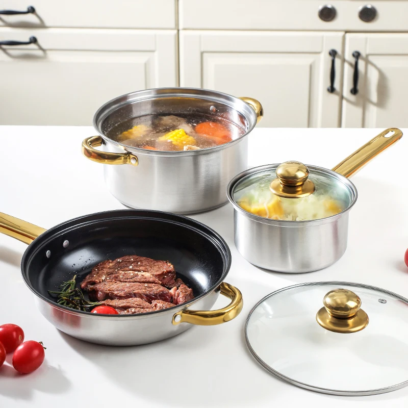 12Pcs Kitchen Pots And Pans Cast Iron Stainless Steel Soup Stock Pots Cooking Pot Set Frying Pan Non Stick Cookware Set