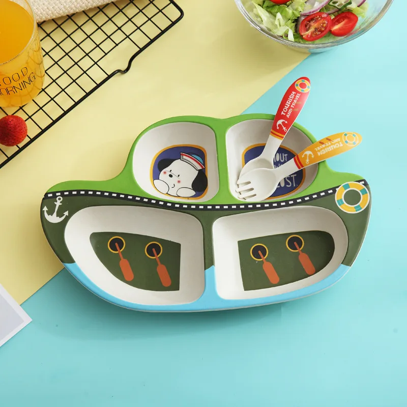 3pcs bamboo fiber Creative sailing boat baby split plate three-piece rice bowl set