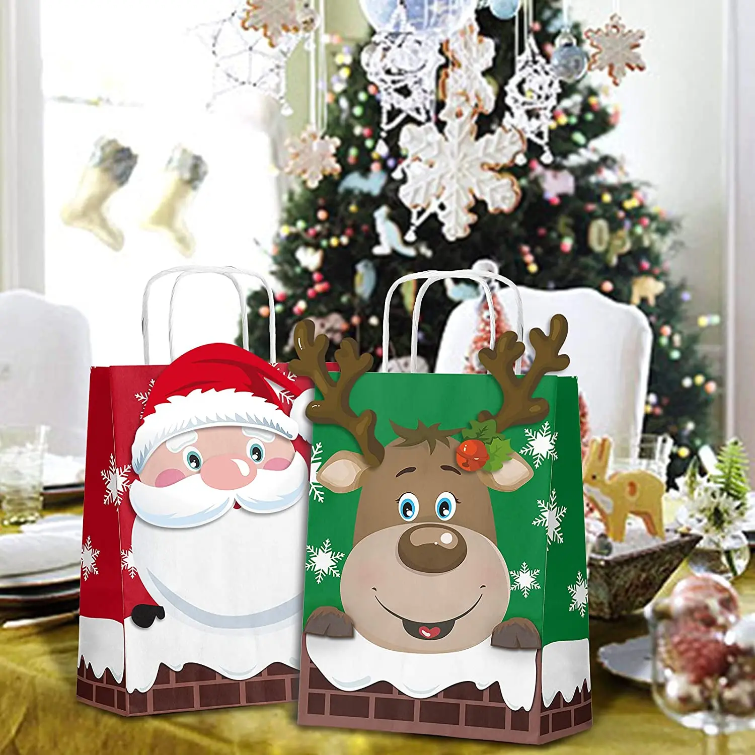 Custom Offset Printing Christmas Themed Cartoon Style Packed Fashion Gift Paper Bags Tote Kraft Paper Bag