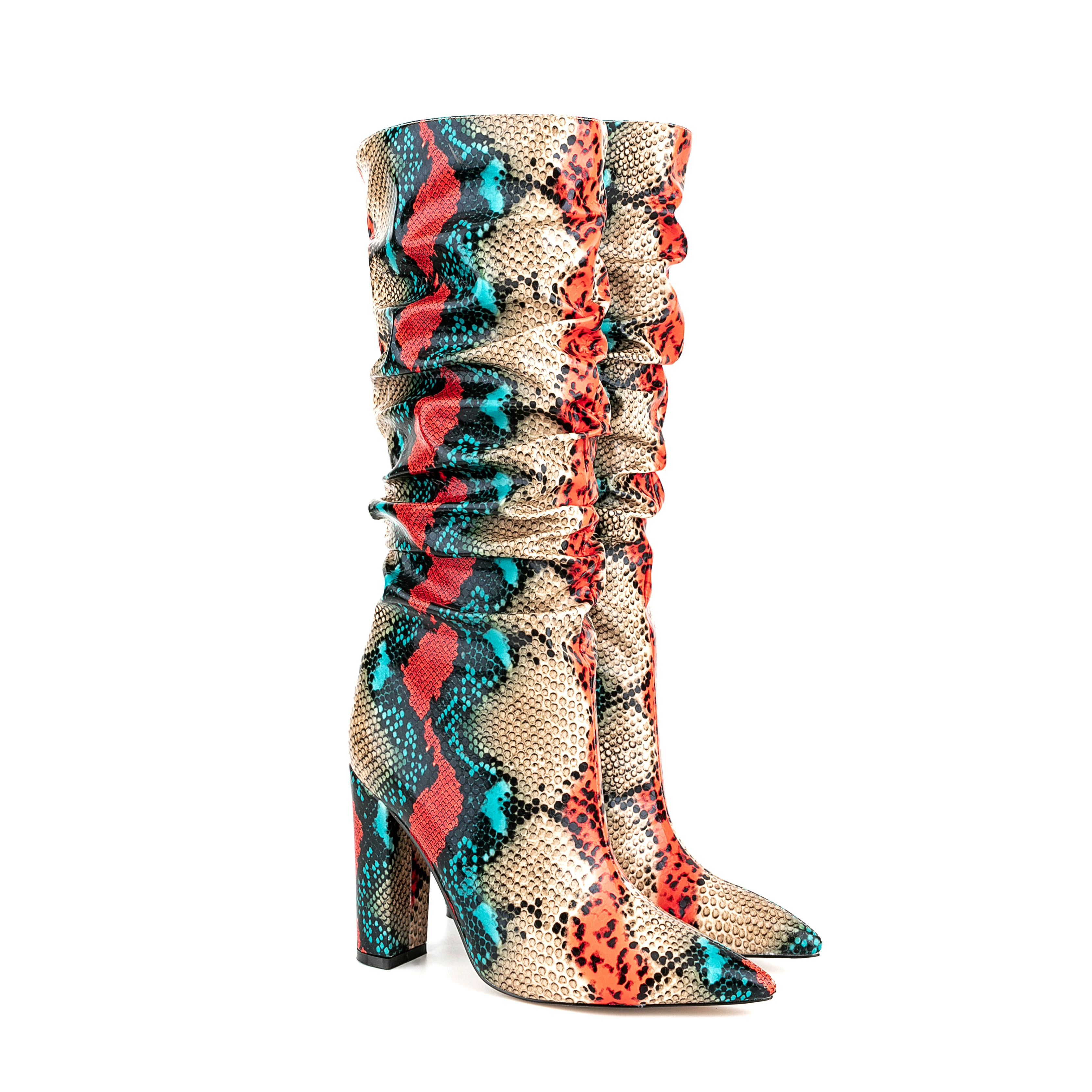 Hot High Quality Fashion Boots Women Microfiber Snake pattern Pointed Toe Thin Heel Knee High Boots for Women